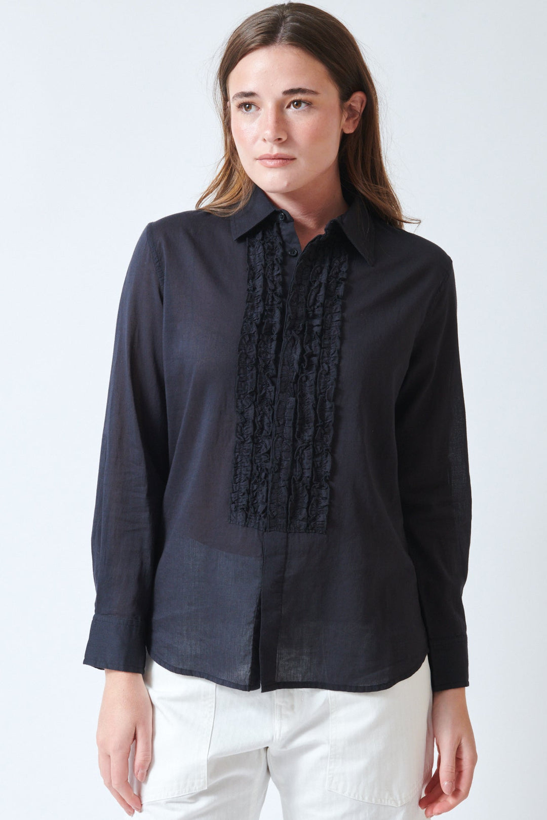 Julia wearing Nili Lotan Nathael Ruffle Shirt front view