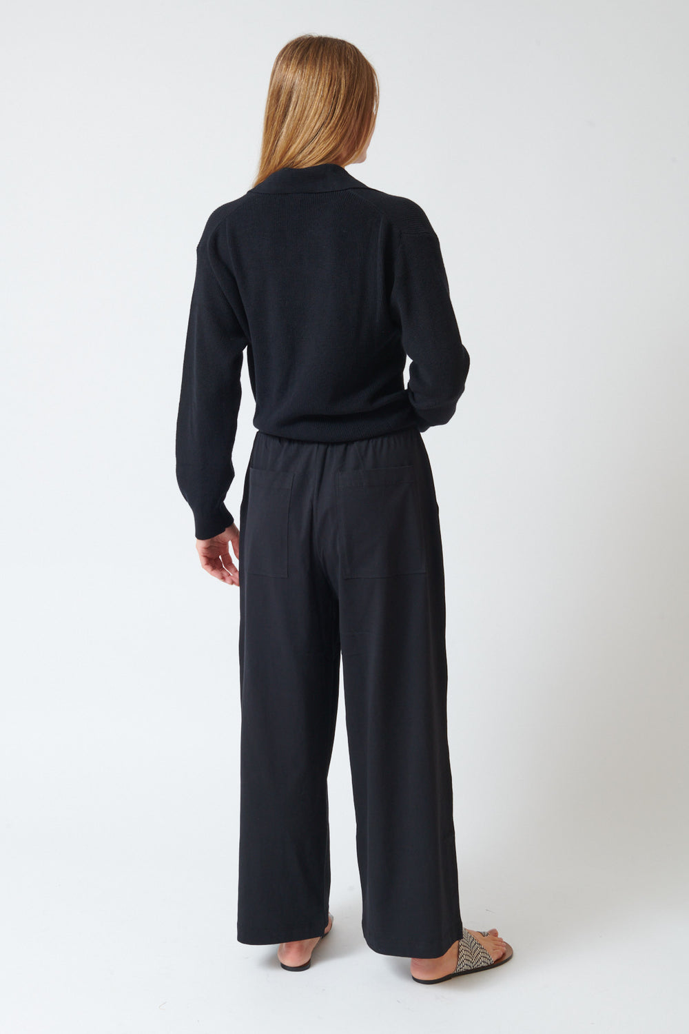 Mari wearing Kowtow Wide Leg Pant rear view
