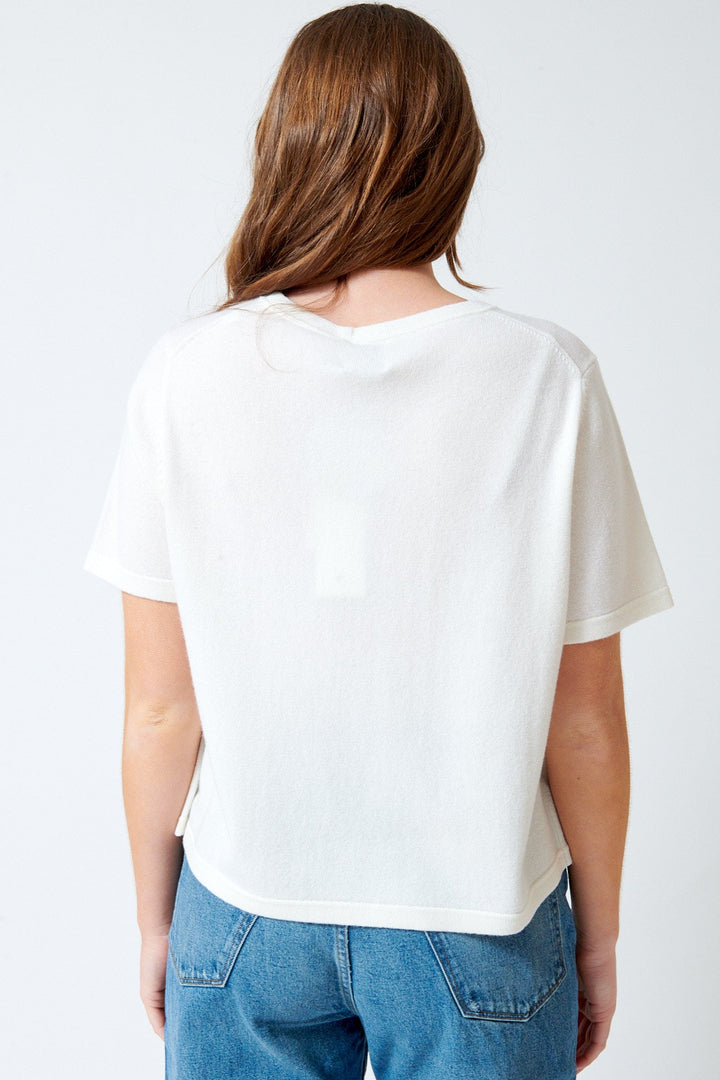 Julia wearing Allude Wool And Cashmere Quarter Sleeve Sweater rear view