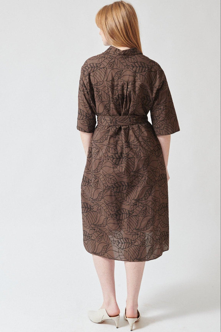 Waverly wearing Rosso 35 Embroidered Botanical Belted Dress rear view