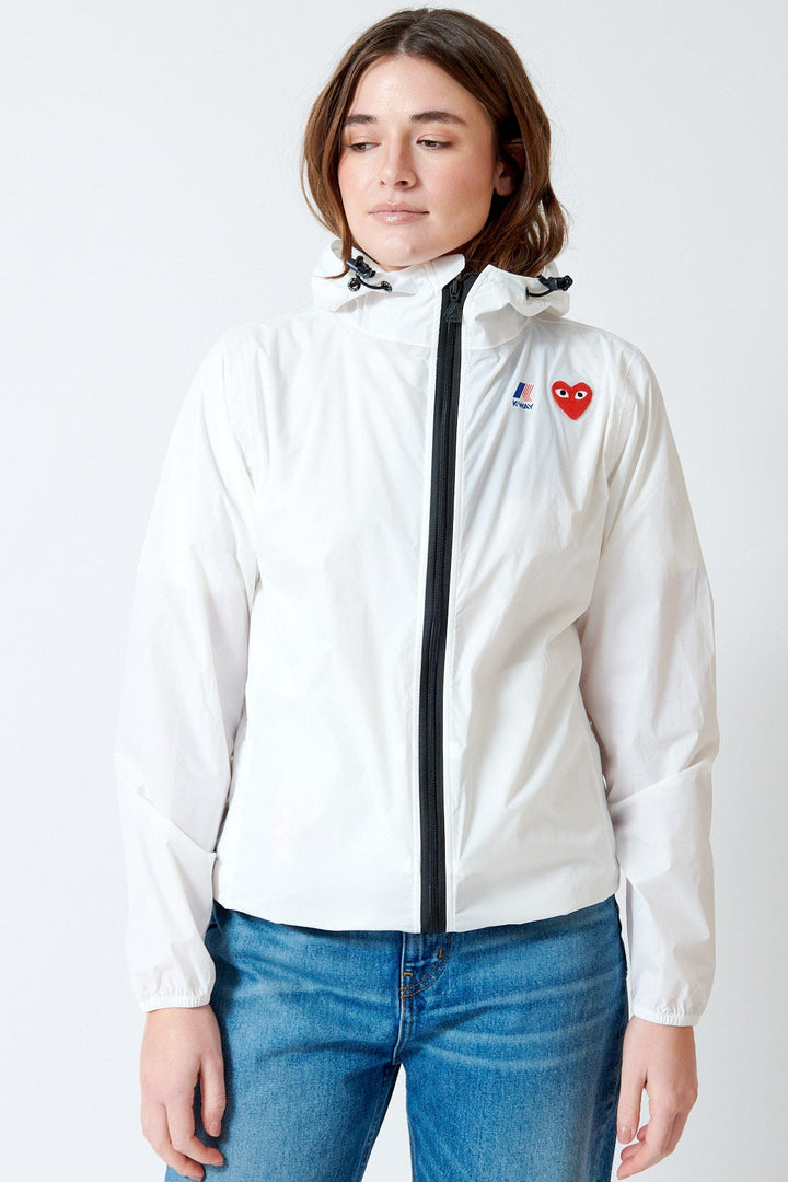 Julia wearing Comme des Garçons PLAY K-Way Full Zip Red Emblem Jacket front view