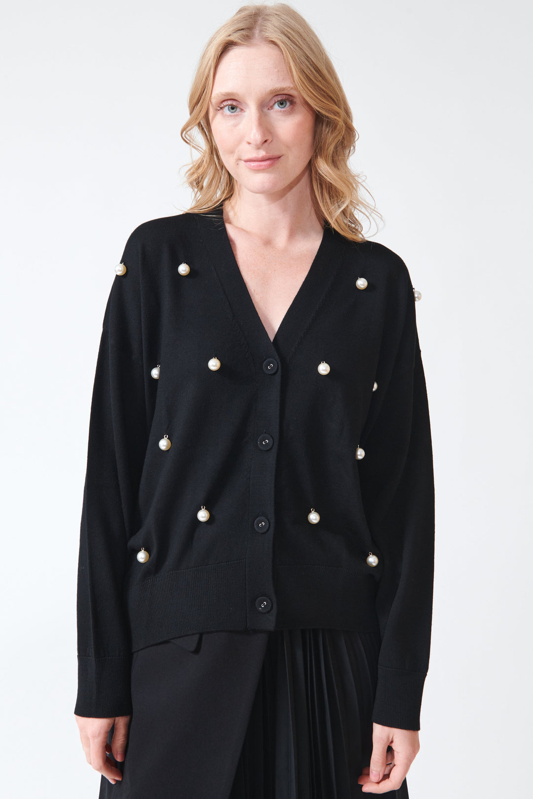 Maddie wearing Meimeij Pearl Bobbles Merino Wool Cardigan front view