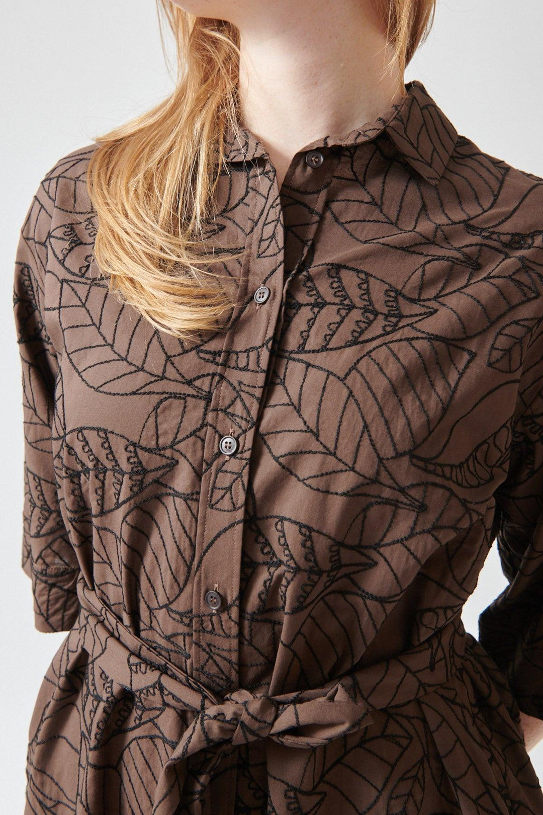Waverly wearing Rosso 35 Embroidered Botanical Belted Dress front/detail view