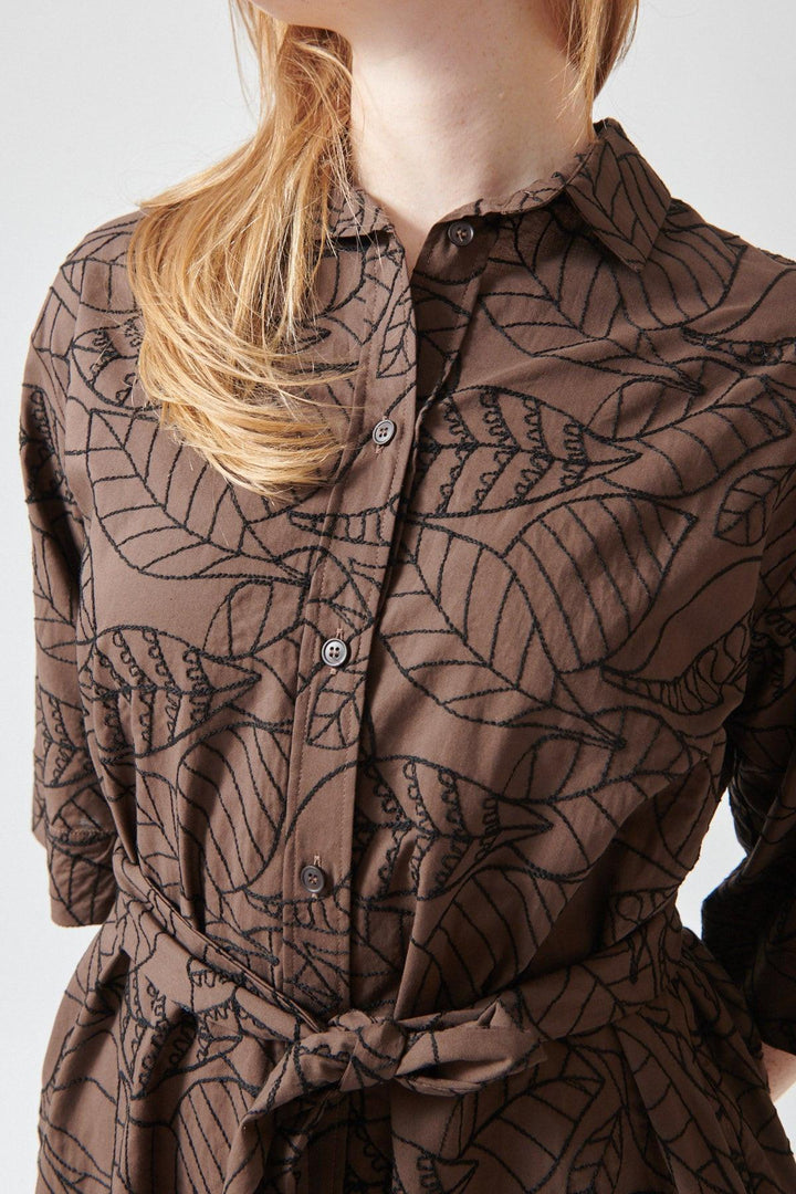Waverly wearing Rosso 35 Embroidered Botanical Belted Dress front/detail view