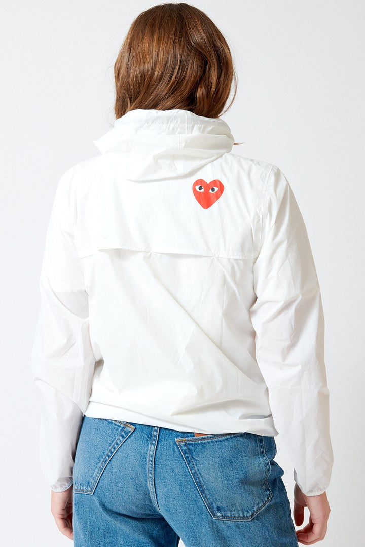Julia wearing Comme des Garçons PLAY K-Way Full Zip Red Emblem Jacket rear view