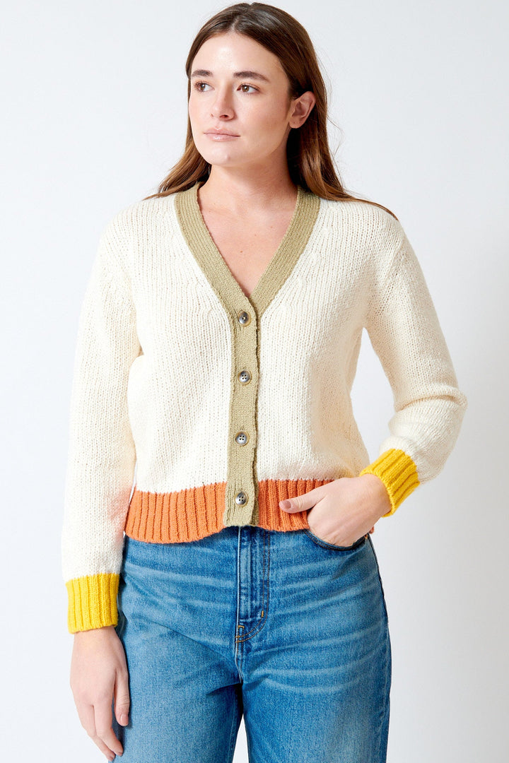 Julia wearing Lilla P Contrast Trim Cardigan front view