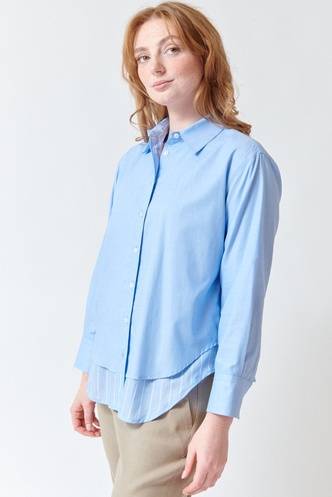 Waverly wearing Seventy Long Under Short Shirt front view