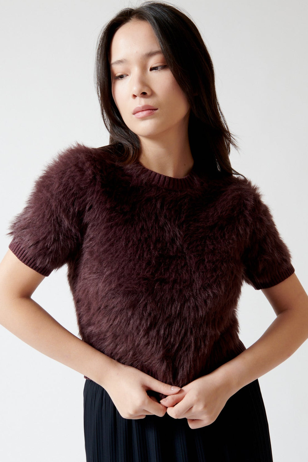 Lilly wearing Lilla P Short Sleeve Brushed Crewneck front view