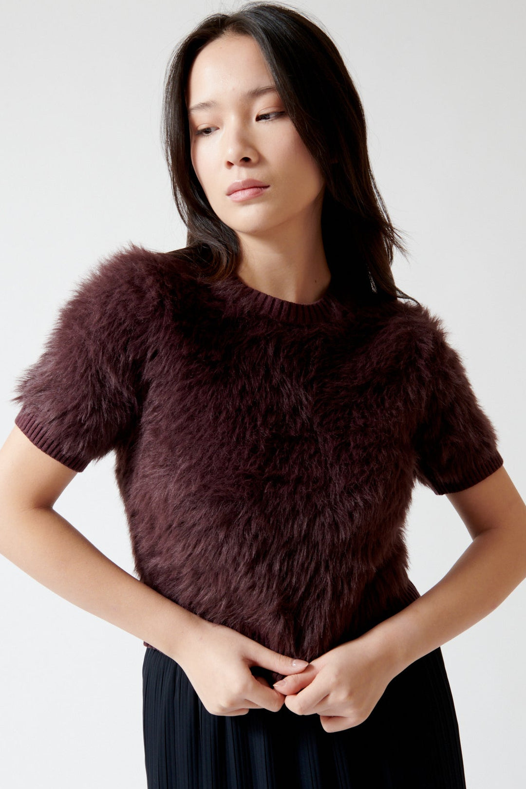 Lilly wearing Lilla P Short Sleeve Brushed Crewneck front view