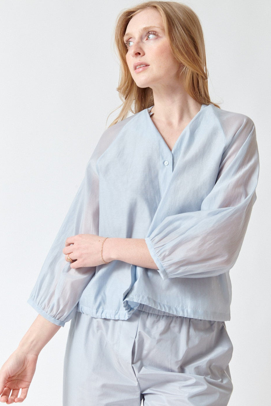 Madi wearing Peserico Cotton Silk Blend Matte Organza Shirt front view