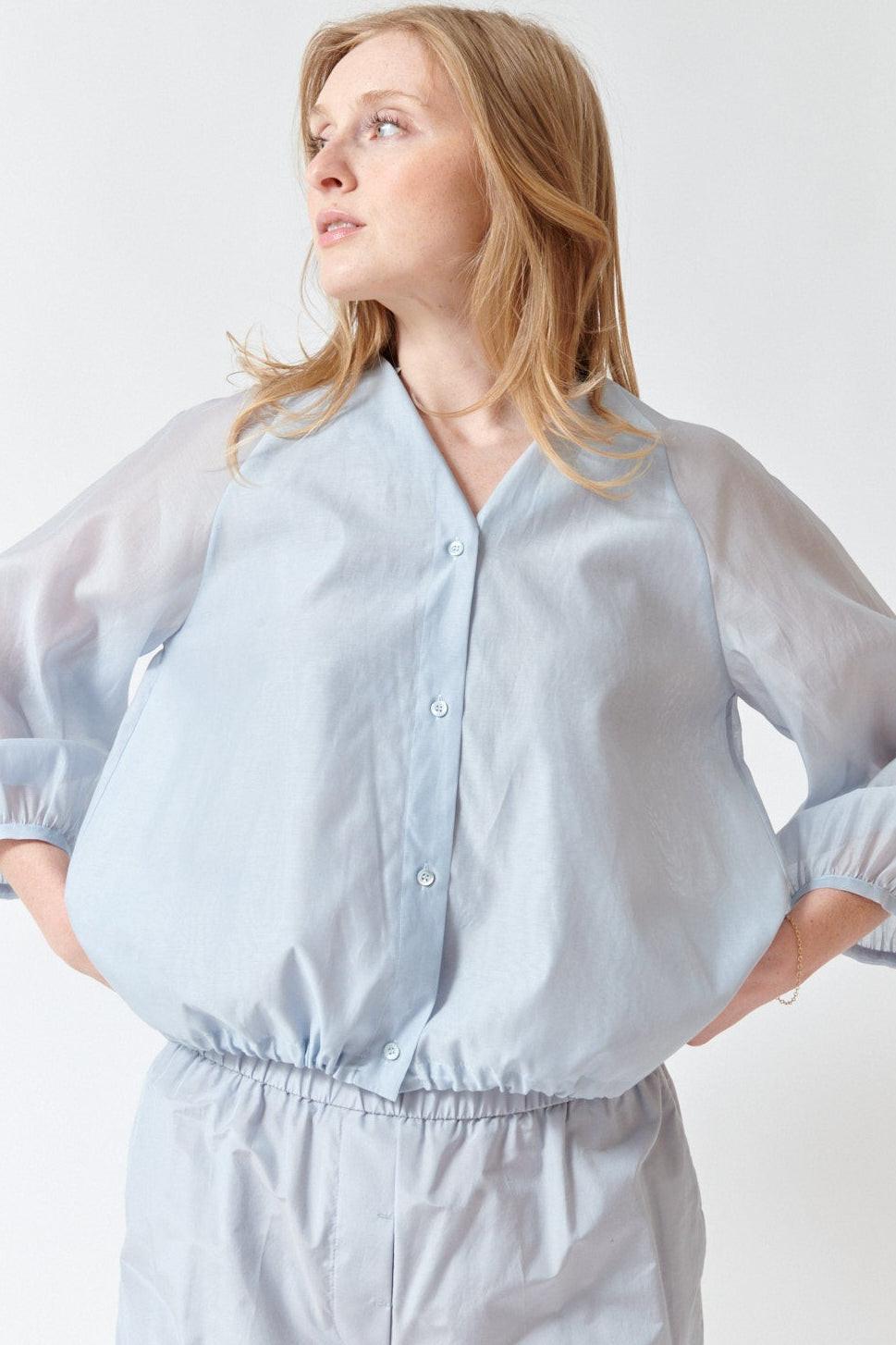 Madi wearing Peserico Cotton Silk Blend Matte Organza Shirt front view