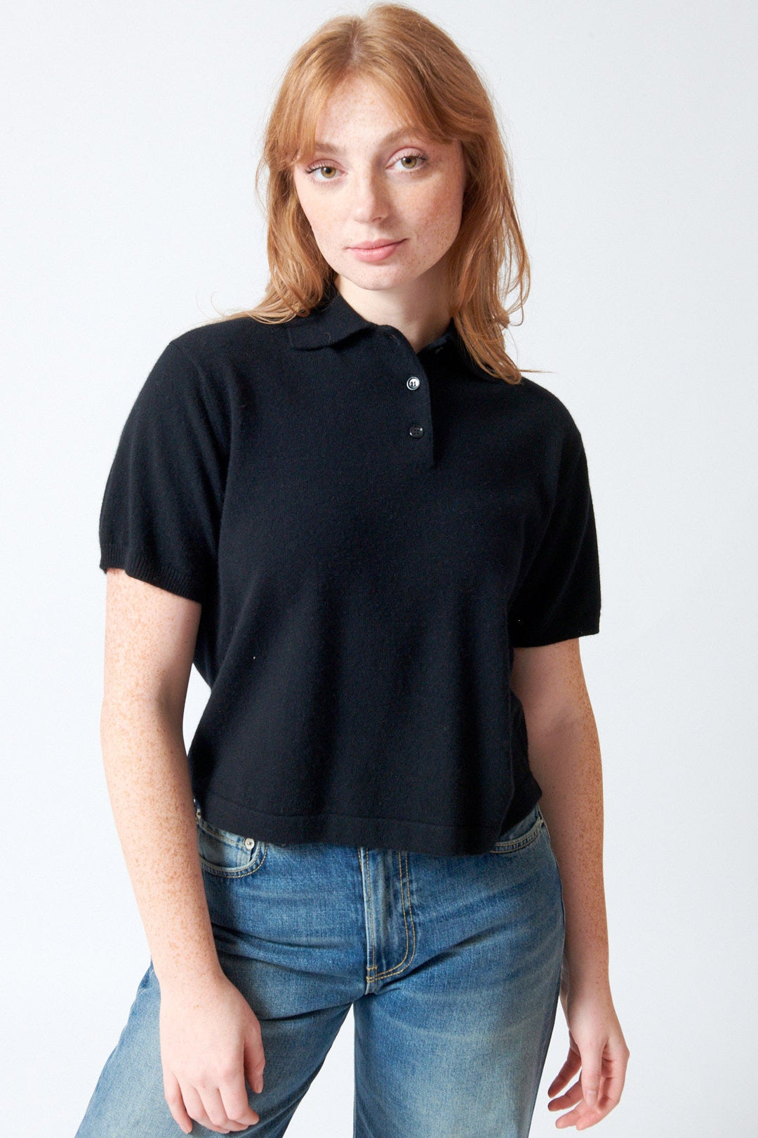 Waverly wearing Allude Cashmere Quarter Sleeve Polo Neck Sweater front view