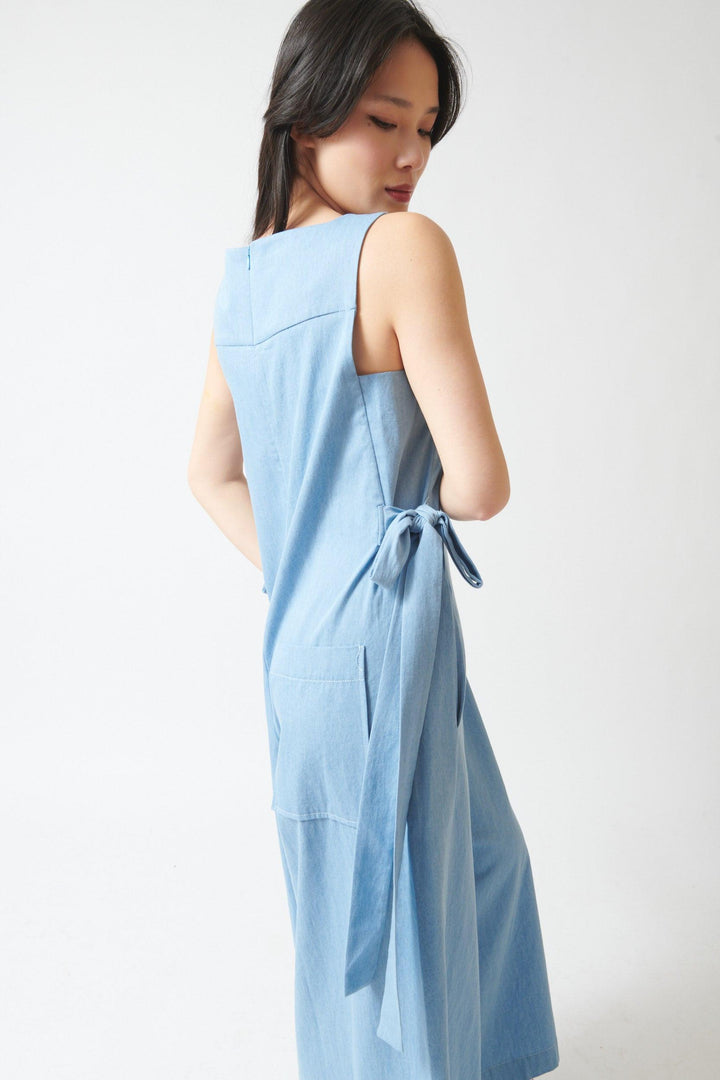 Lilly wearing Meimeij Side Tie Wide Leg Overalls With Pockets side/view view