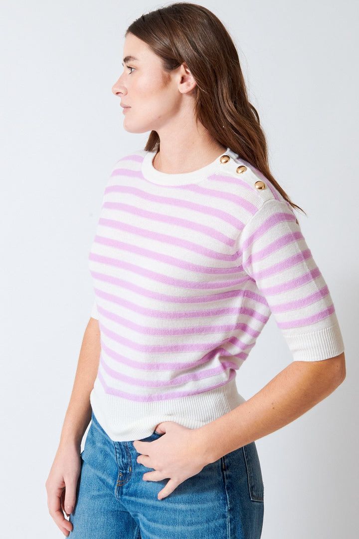 Julia wearing Allude Wool And Cashmere Half Sleeve Stripe Sweater front view