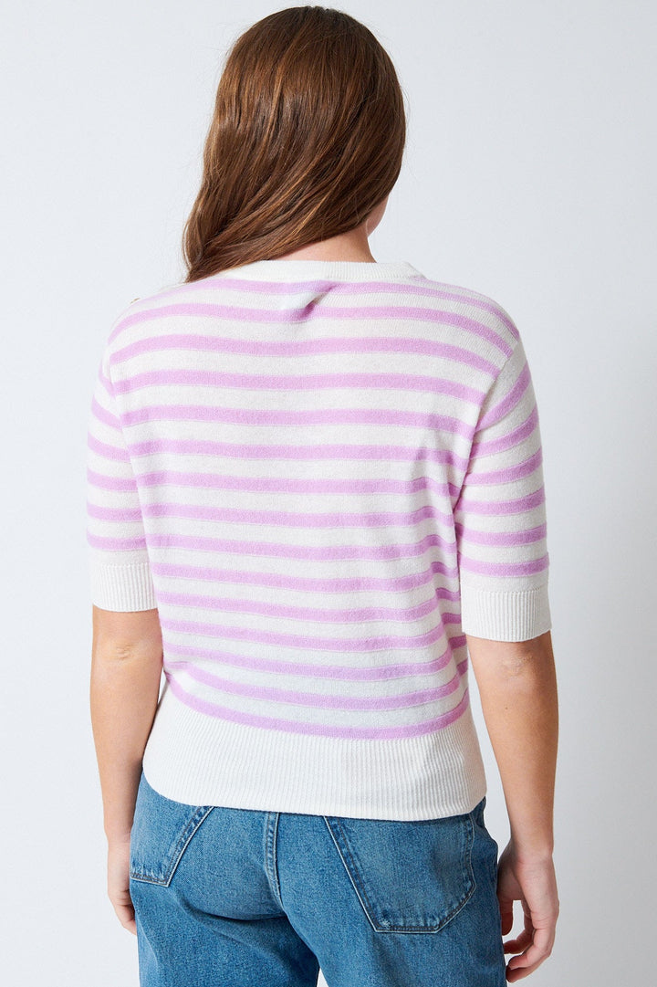 Julia wearing Allude Wool And Cashmere Half Sleeve Stripe Sweater rear view