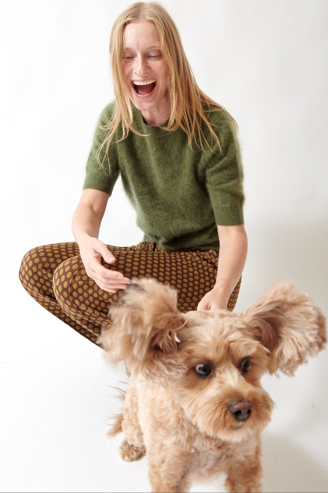 Madi wearing Odeeh Brushed Cashmere Mid Sleeve Sweater front view