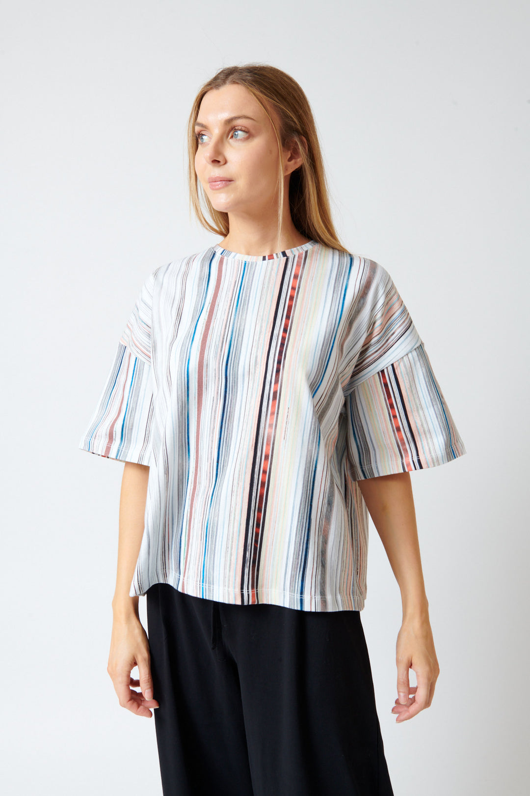 Mari wearing Kowtow Library Tee front view