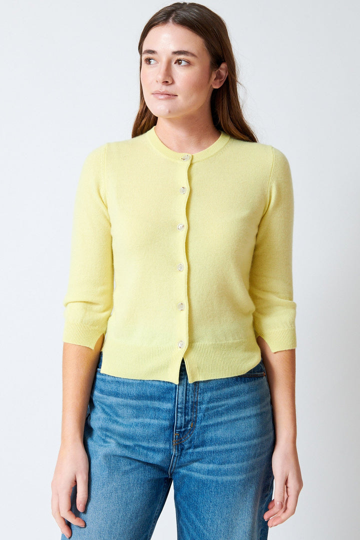 Julia wearing Allude Cashmere Three Quarter Sleeve Cardigan front view