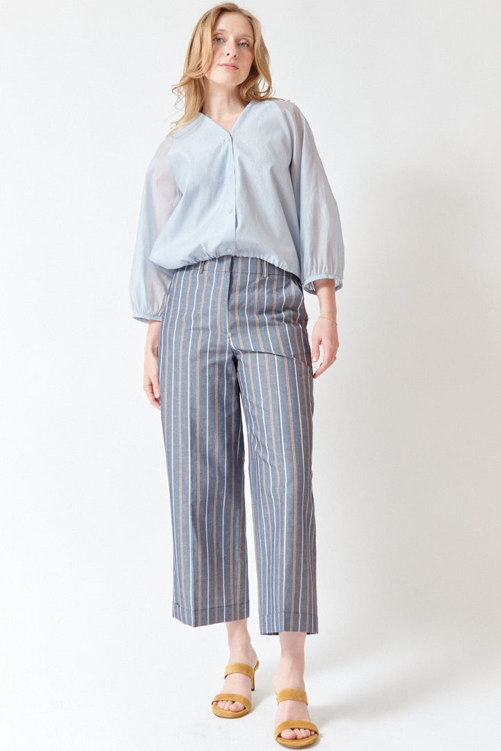 Madi wearing Peserico Linen Cotton Blend Pinstriped Chambray Pants front view