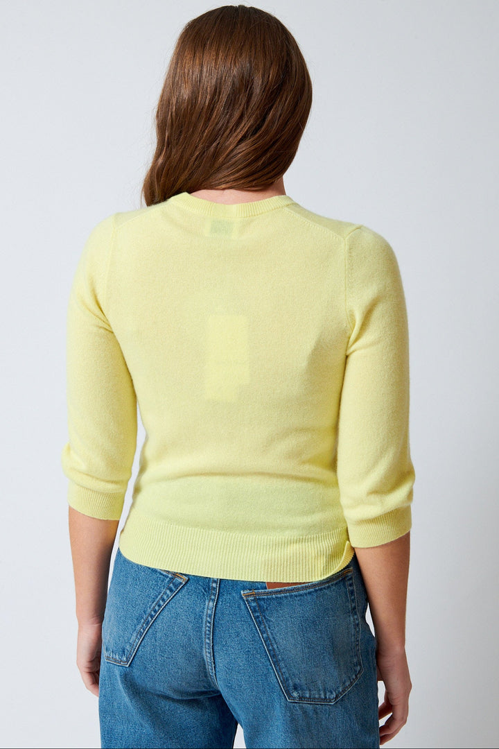 Julia wearing Allude Cashmere Three Quarter Sleeve Cardigan rear view