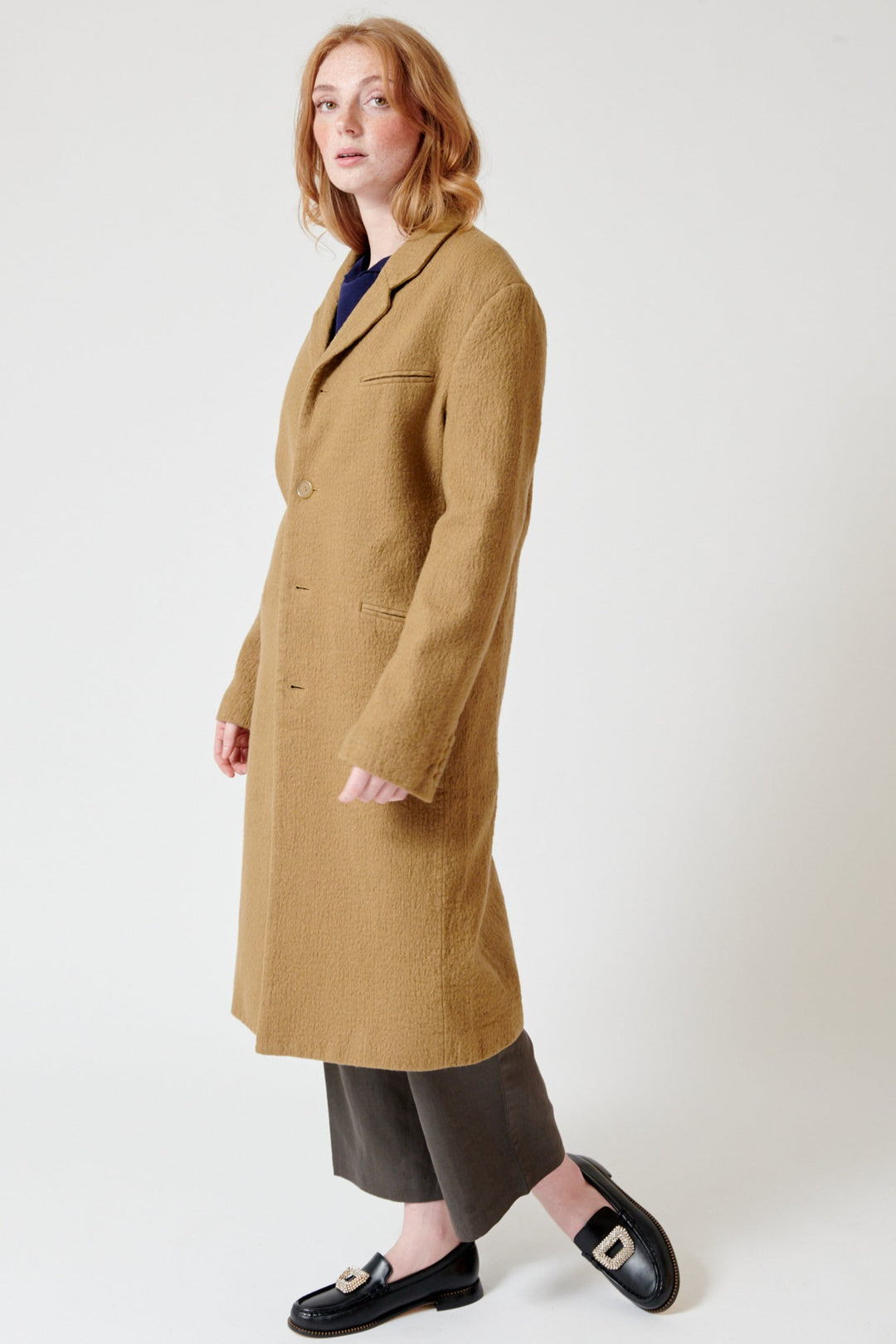 Waverly wearing 6397 Boiled Pinstripe Coat side view