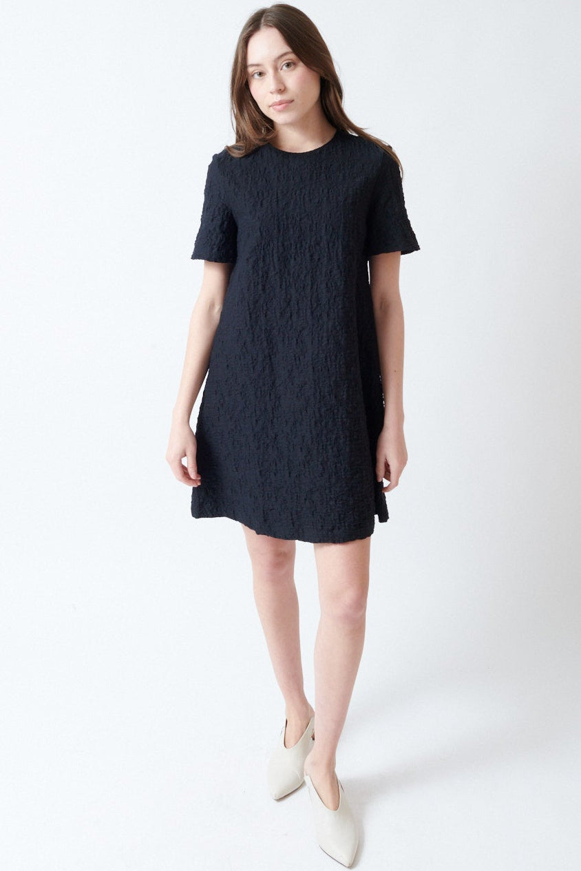 Angela wearing Harris Wharf Short Sleeve Crinkle Bell Dress front view