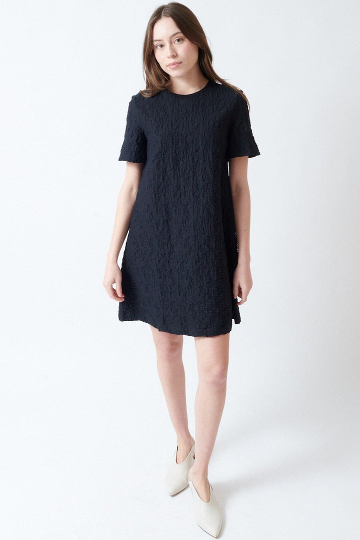 Angela wearing Harris Wharf Short Sleeve Crinkle Bell Dress front view