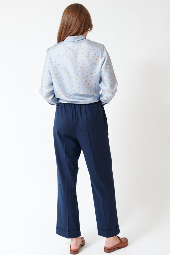 Julia wearing Rosso 35 Cuffed Wool Blend Stretch 35 Pant in Blue, front view.