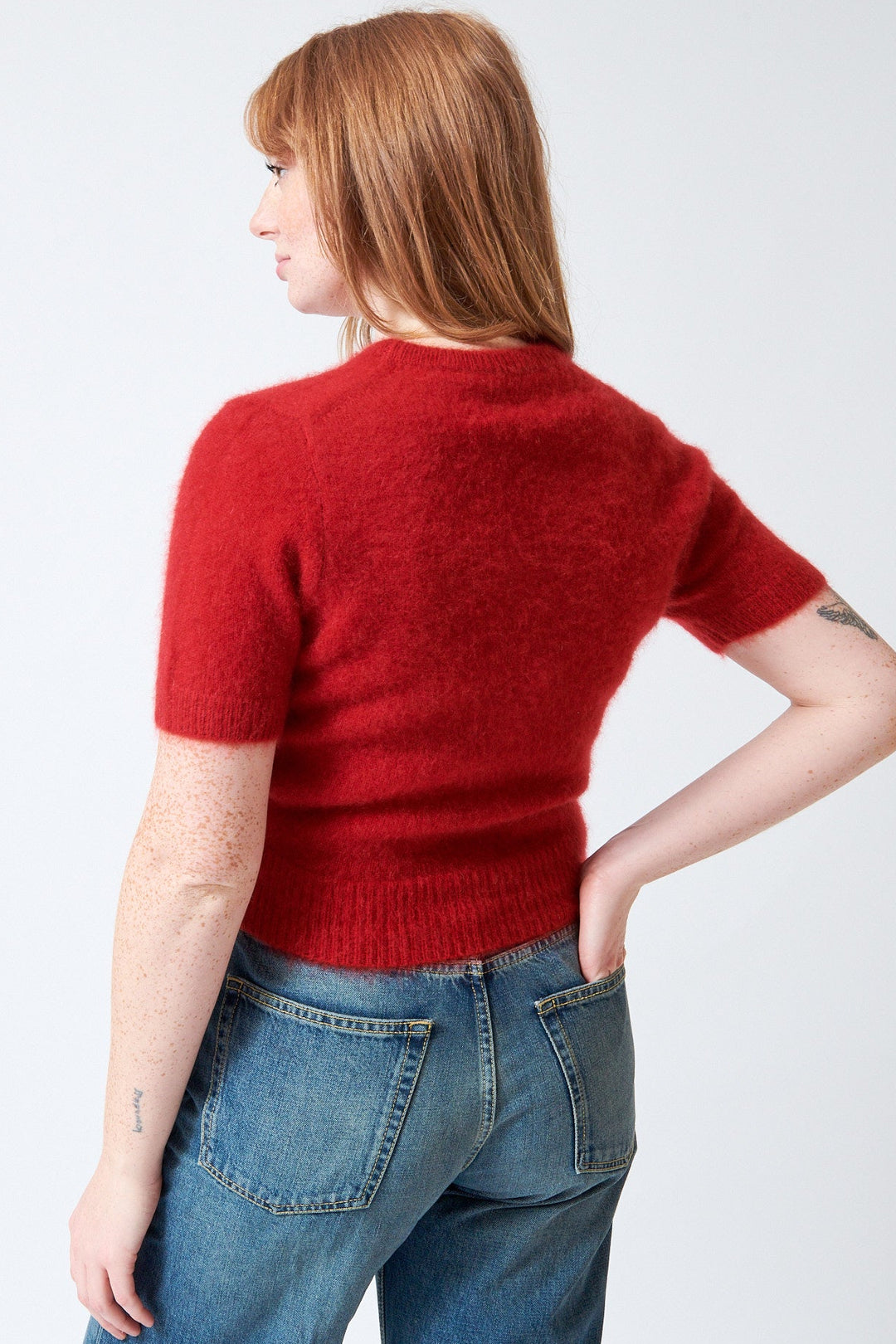 Waverly wearing White + Warren Brushed Cashmere Tee rear view