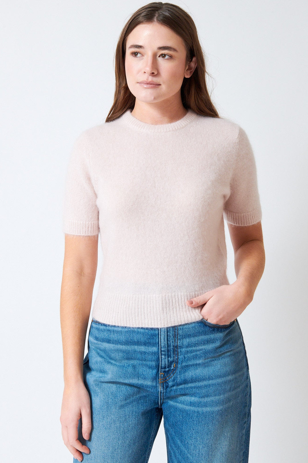Julia wearing White + Warren Brushed Cashmere Tee front view
