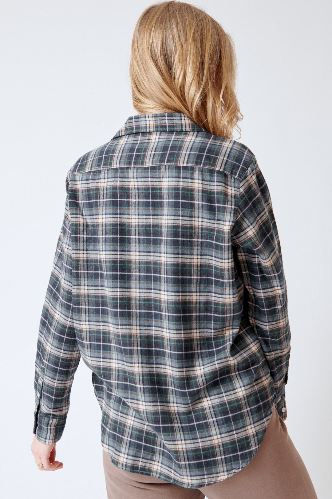 Madi wearing Frank & Eileen Eileen Relaxed Button Up Shirt rear view