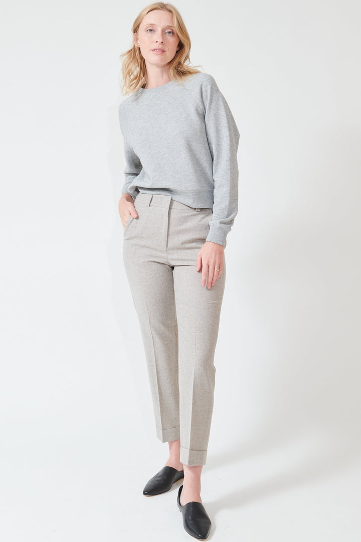 Madi wearing Peserico Slubbed Stretch Wool Viscose Silk Blend Pants front view