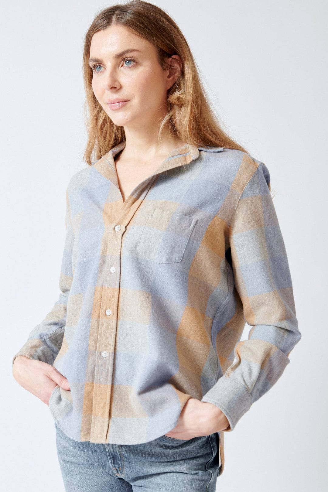 Mari wearing Frank & Eileen Eileen Relaxed Button Up Shirt front view