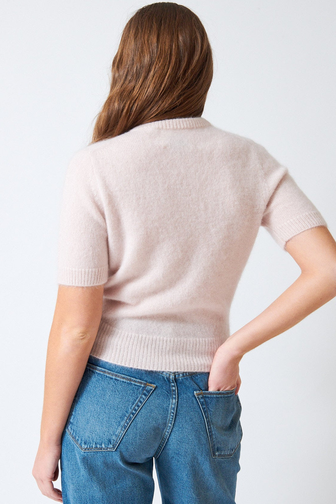 Julia wearing White + Warren Brushed Cashmere Tee rear view