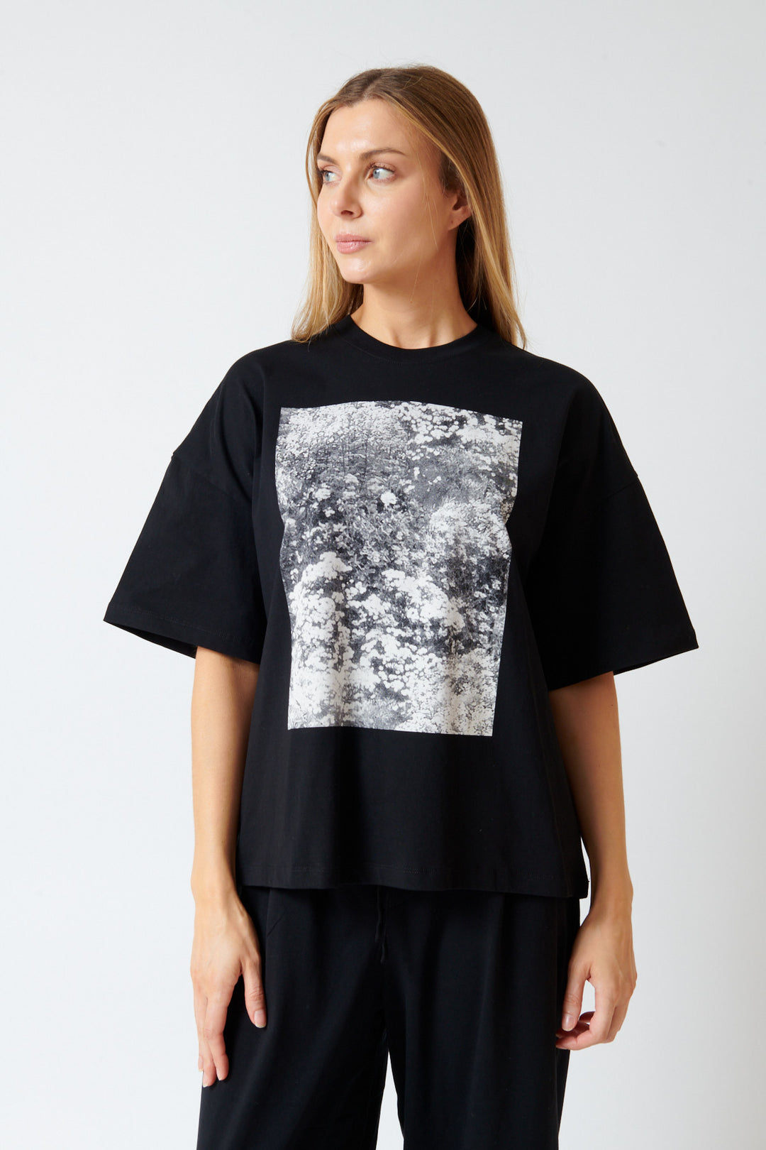 Mari wearing Kowtow Monochrome Tee front view
