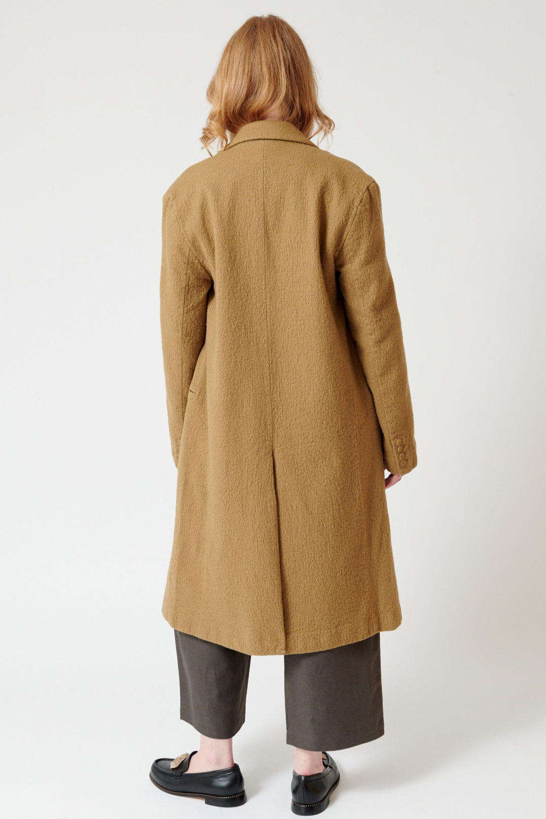 Waverly wearing 6397 Boiled Pinstripe Coat rear view