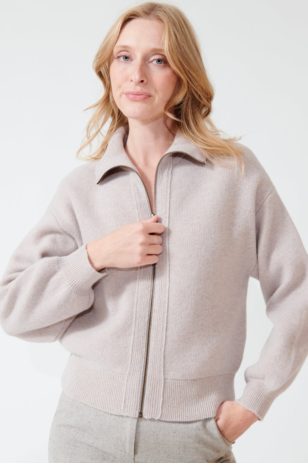 Madi wearing Lilla P Zip Front Bomber Quartz front view