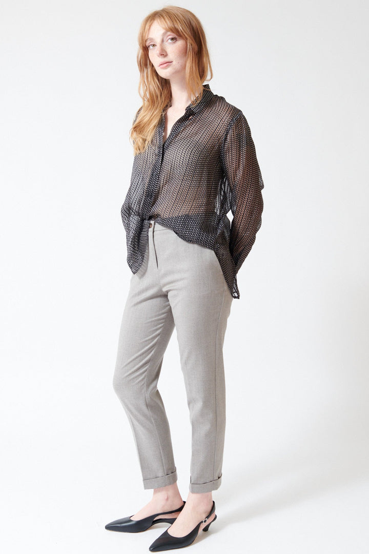 Waverly wearing Rosso 35 Cuffed Stretch Back Pant in Mushroom Melange, front view with a sloppy French Tuck.