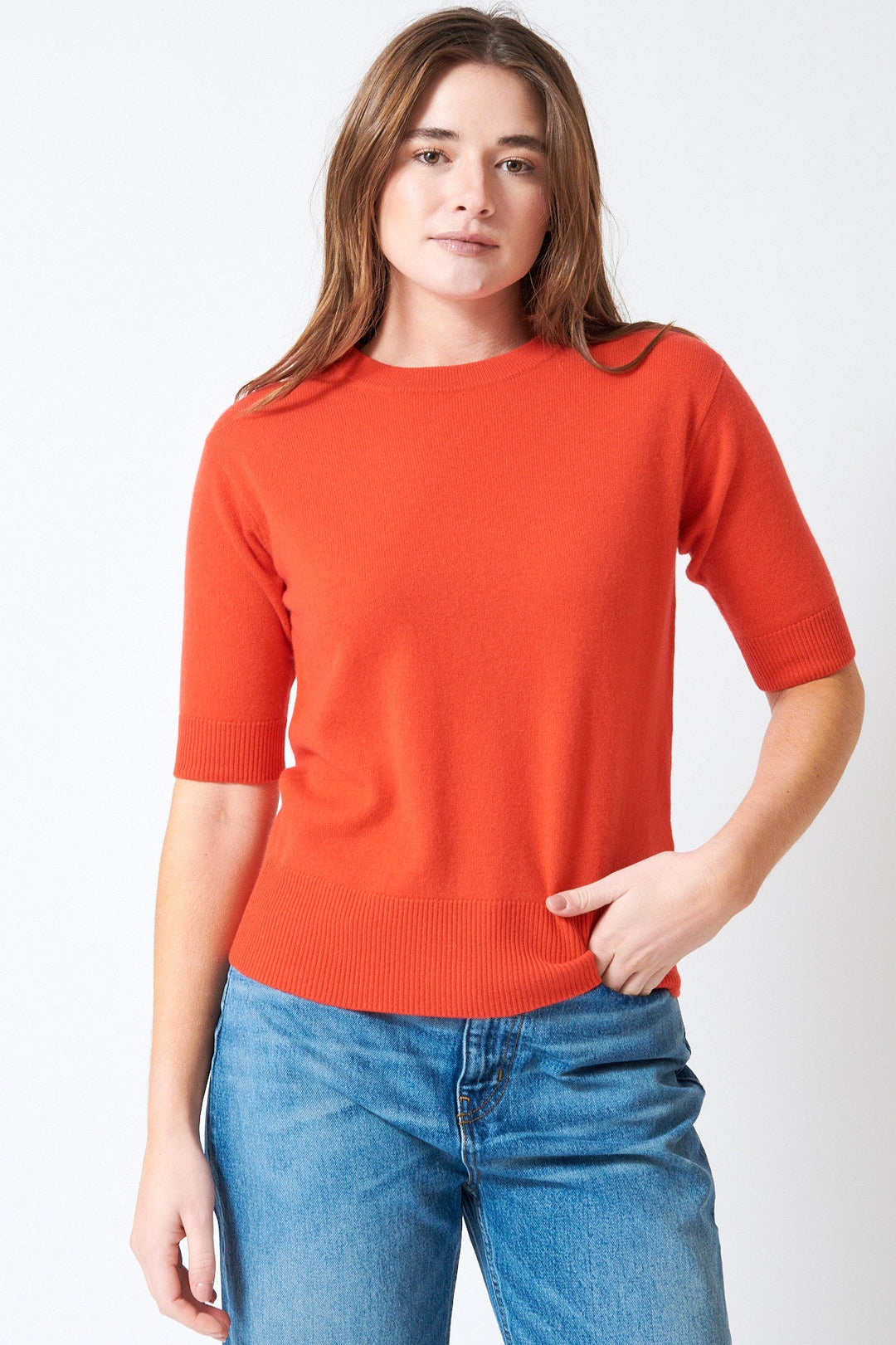 Julia wearing Allude Cashmere Half Sleeve Sweater front view