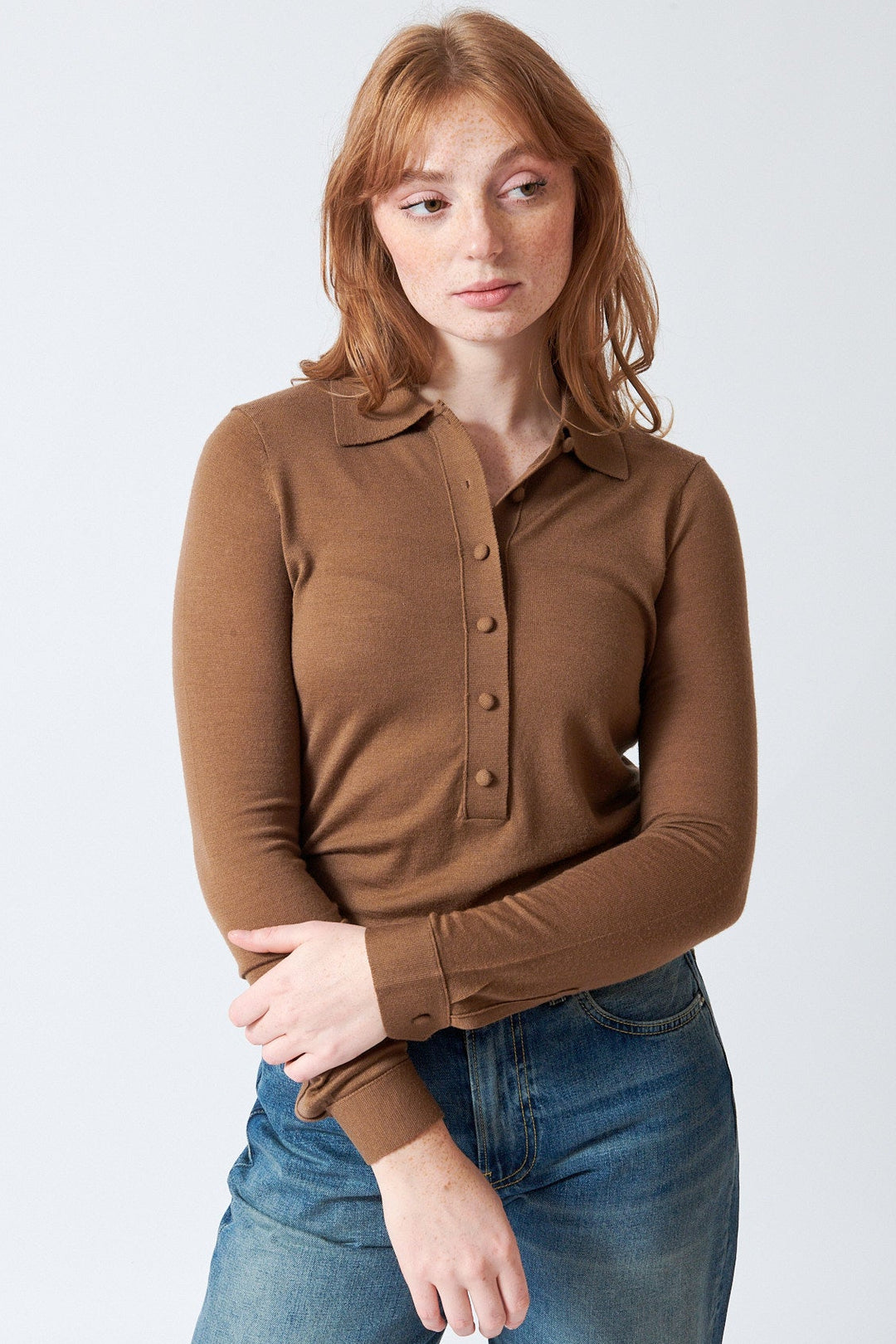 Waverly wearing White + Warren Superfine Merino Polo front view