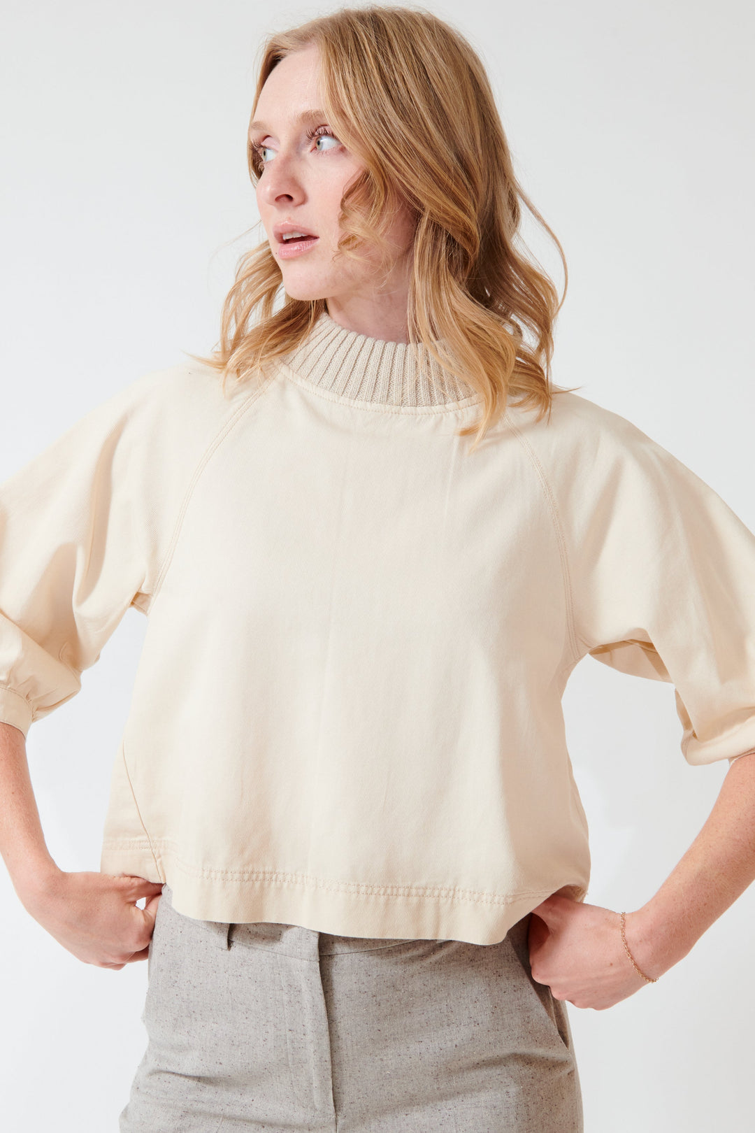 Madi wearing Lilla P Knit Collar Twill Top front view
