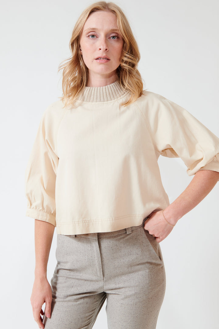Madi wearing Lilla P Knit Collar Twill Top front view