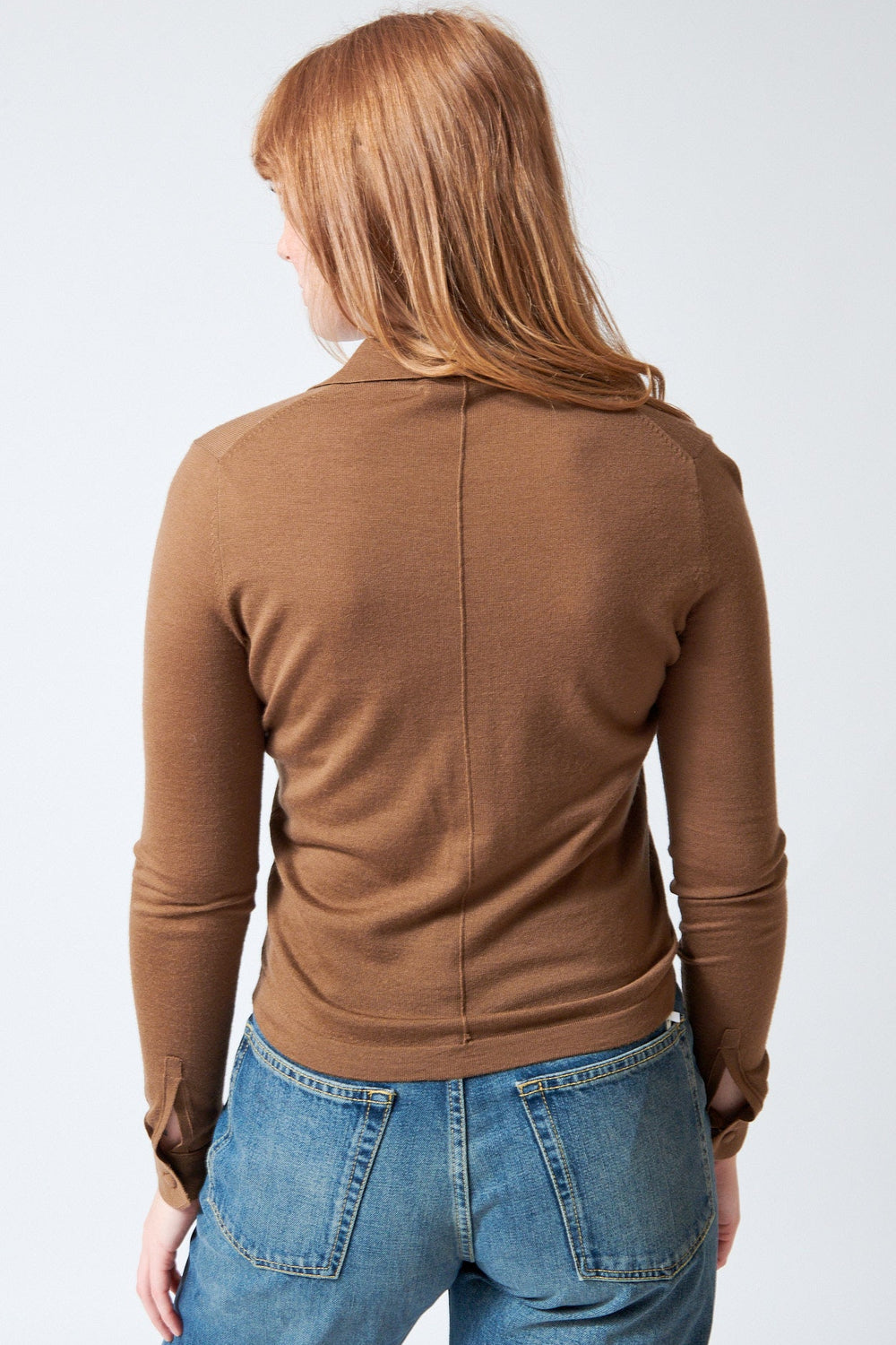 Waverly wearing White + Warren Superfine Merino Polo rear view