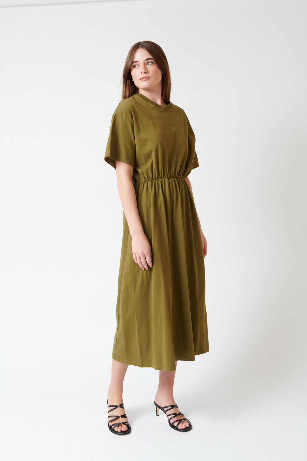 Julia wearing Kowtow T Shirt Dancer Dress front/side view