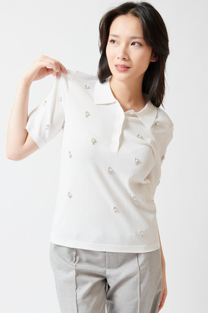 Lilly wearing Seventy Emblazoned Knit Polo front view