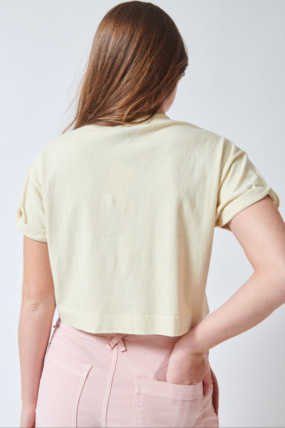 Julia wearing ASKK NY Cuff Tee rear view