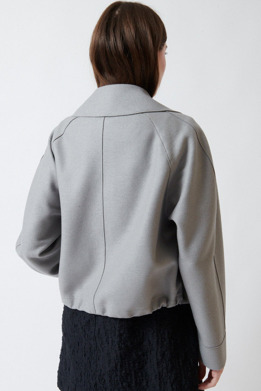 Angela wearing Harris Wharf Light Pressed Wool Raglan Drawstring Jacket rear view