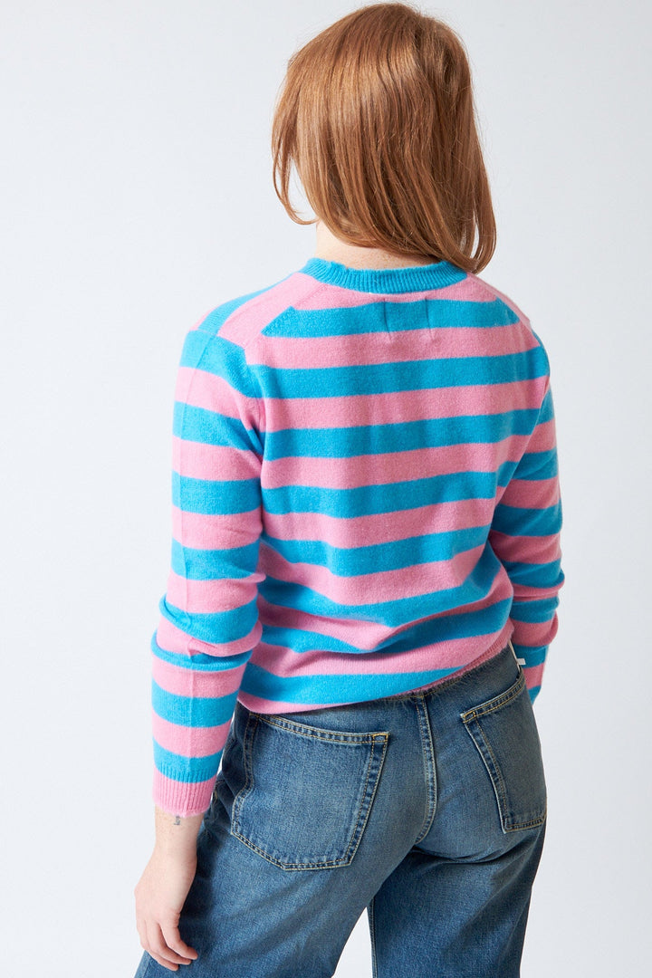 Waverly wearing Jumper 1234 Stripe Distressed Crew rear view