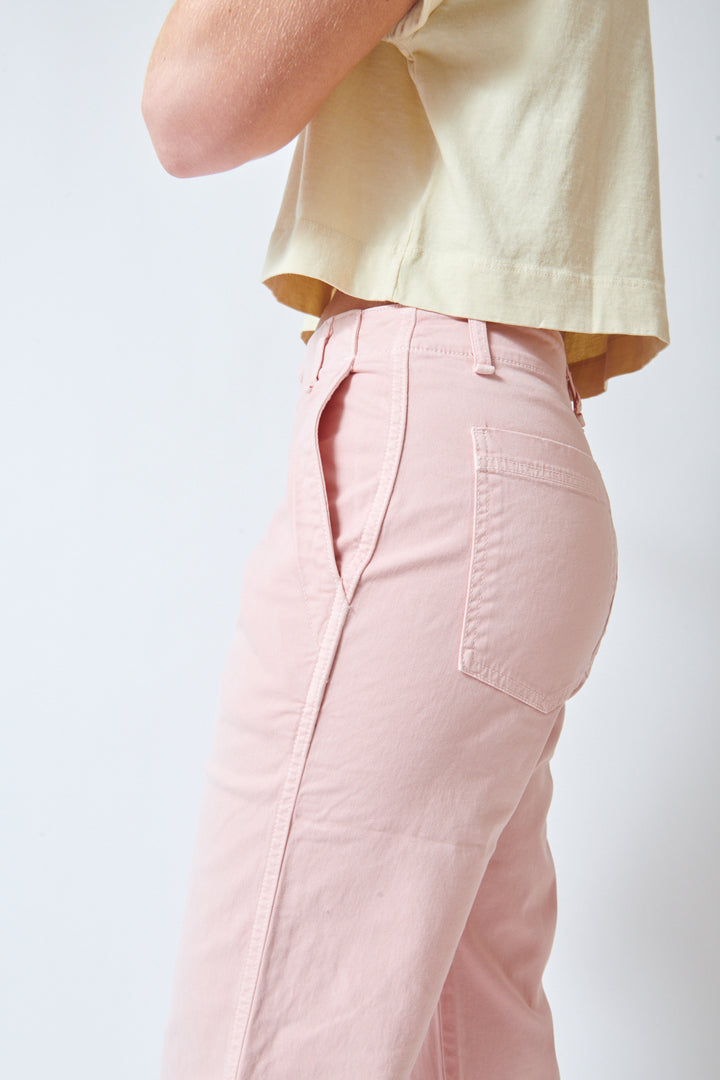 Julia wearing ASKK NY Tomboy sanded pink side/pocket view
