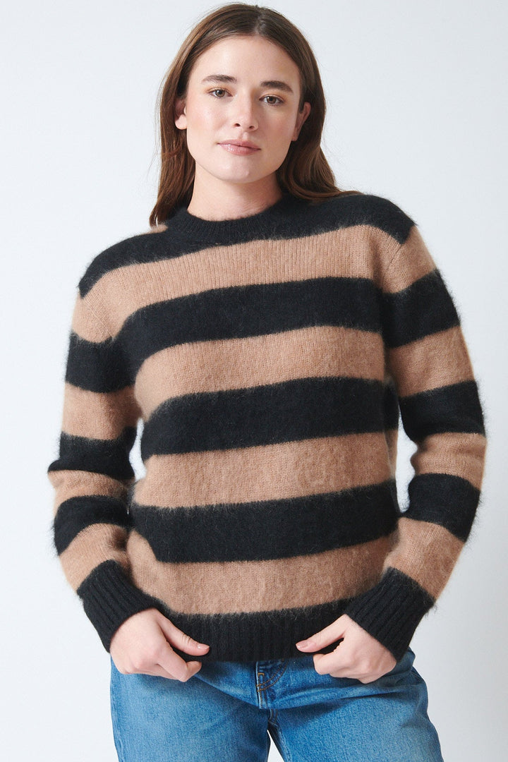 Julia wearing White + Warren Brushed Cashmere Striped Crew front view